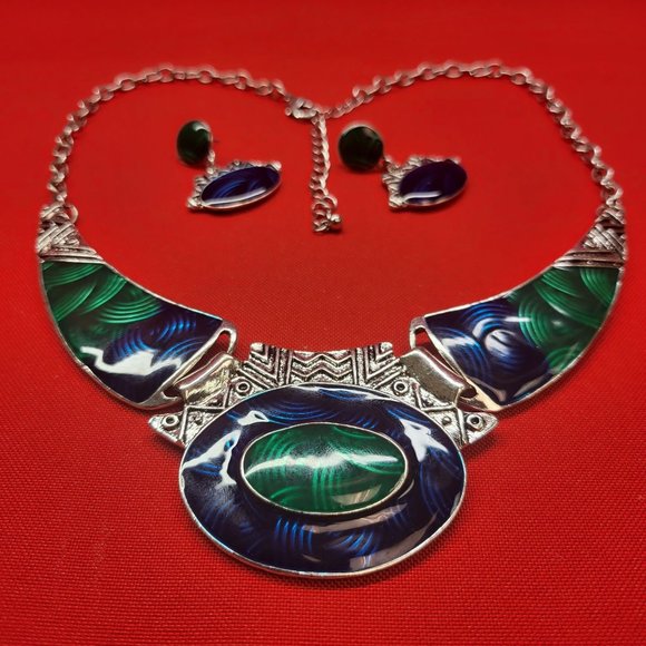 Oval Gangle Bib Collar Necklace Earrings Jewelry Set Boho Statement Metal Tribal - Picture 3 of 16